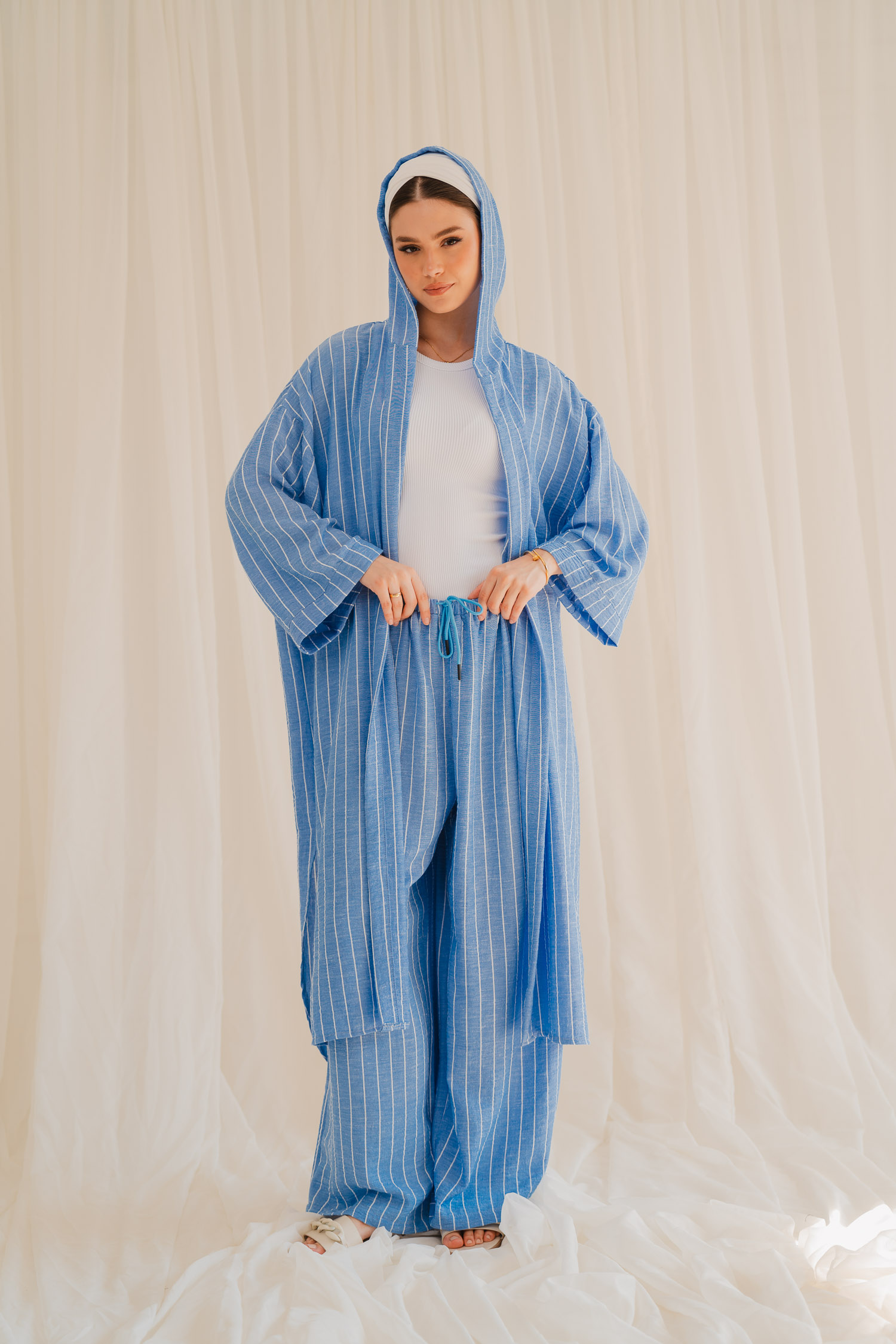 Striped Linen Cardigan - Blue, L