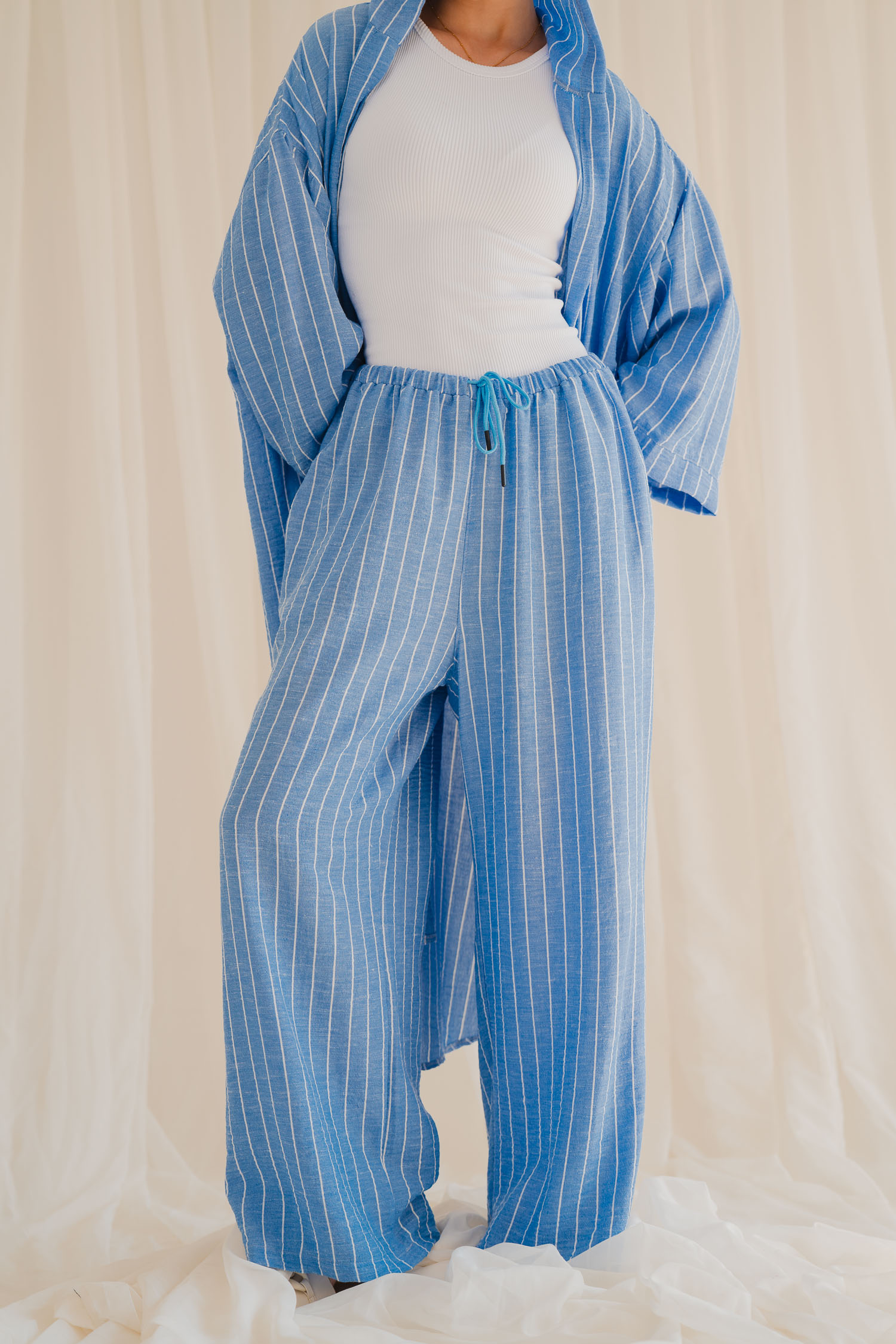 Striped Linen Trousers - Blue, L
